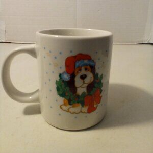 Vintage 80s Mug Christmas Hound Dog Santa Hat Puppy Wreath Ceramic Holiday